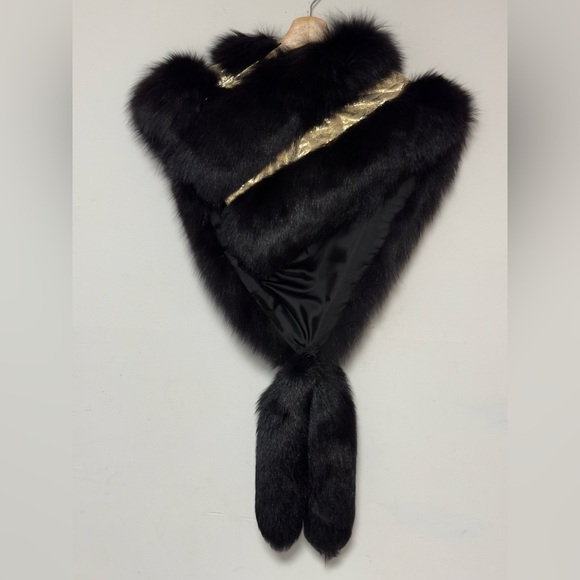 Vintage Black Mink Arctic Fox Fur Shawl Oversized Gold Trim Adjustable‎ Stole - Picture 9 of 16